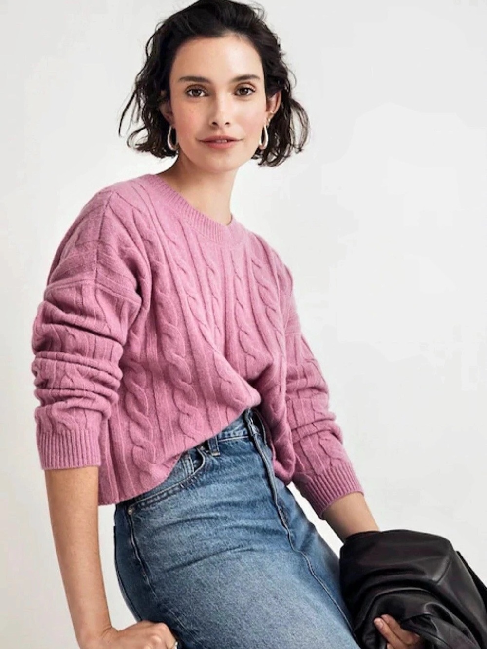 Madewell Cashmere Cable-Knit Crop (Re)sourced Oversized Sweater Pink Boxy XXS44